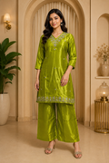 Olive Green Roman Glass Embroidered Straight Kurti &amp; Pant Set