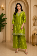 Olive Green Roman Glass Embroidered Straight Kurti &amp; Pant Set