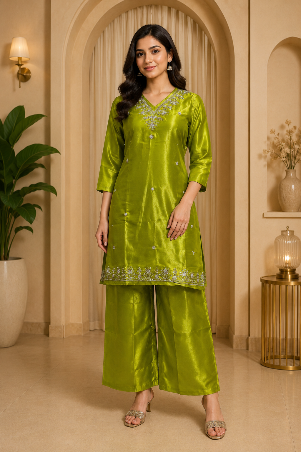 Olive Green Roman Glass Embroidered Straight Kurti &amp; Pant Set