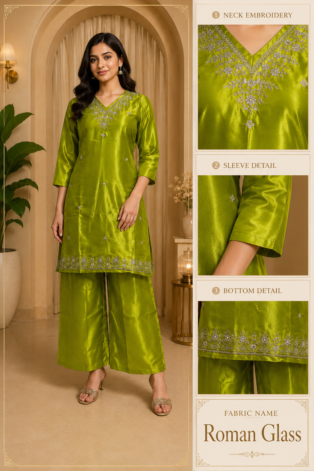 Olive Green Roman Glass Embroidered Straight Kurti &amp; Pant Set