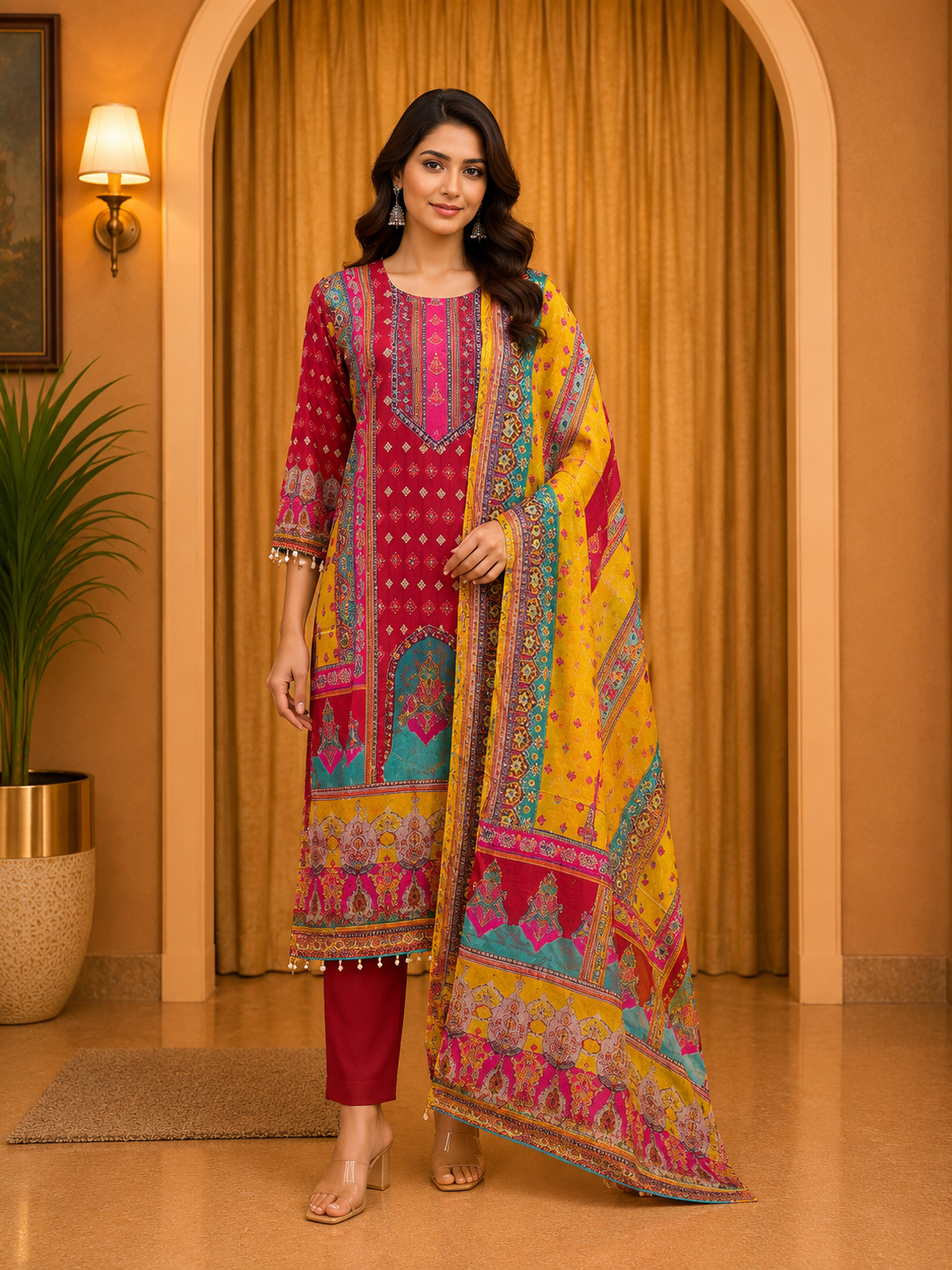 Ruby Red GEORGETTE Printed 3-Piece Ethnic Suit Set with Contrast Yellow Dupatta