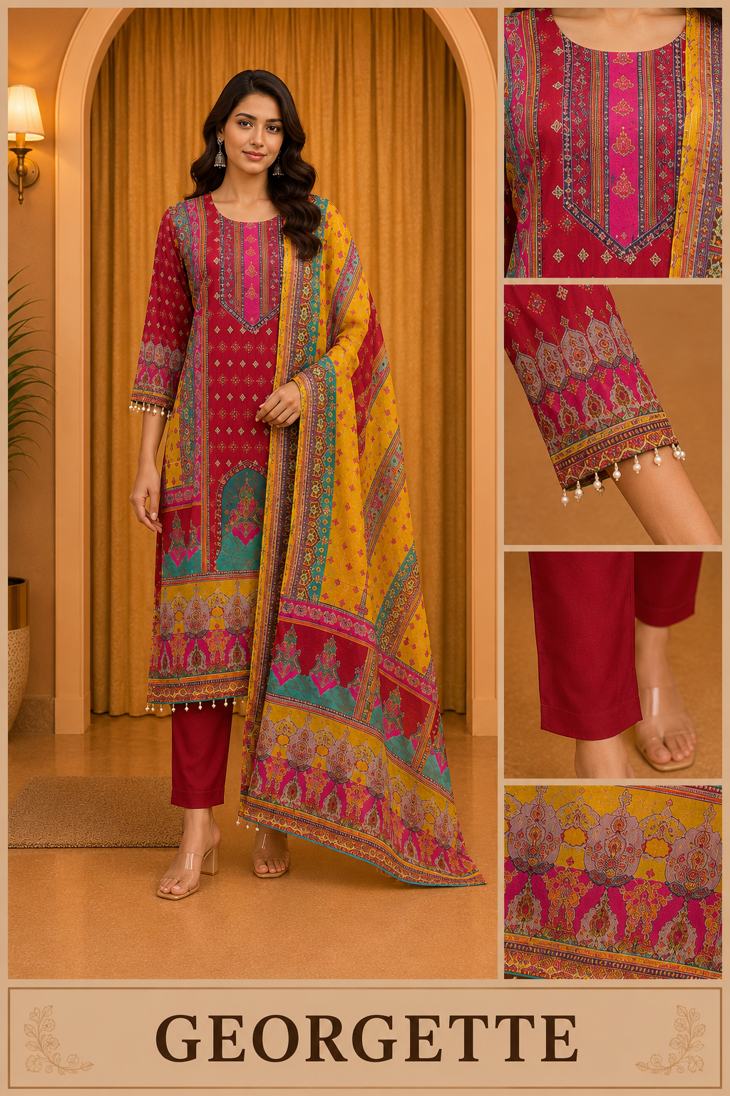 Ruby Red GEORGETTE Printed 3-Piece Ethnic Suit Set with Contrast Yellow Dupatta