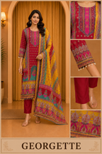 Ruby Red GEORGETTE Printed 3-Piece Ethnic Suit Set with Contrast Yellow Dupatta