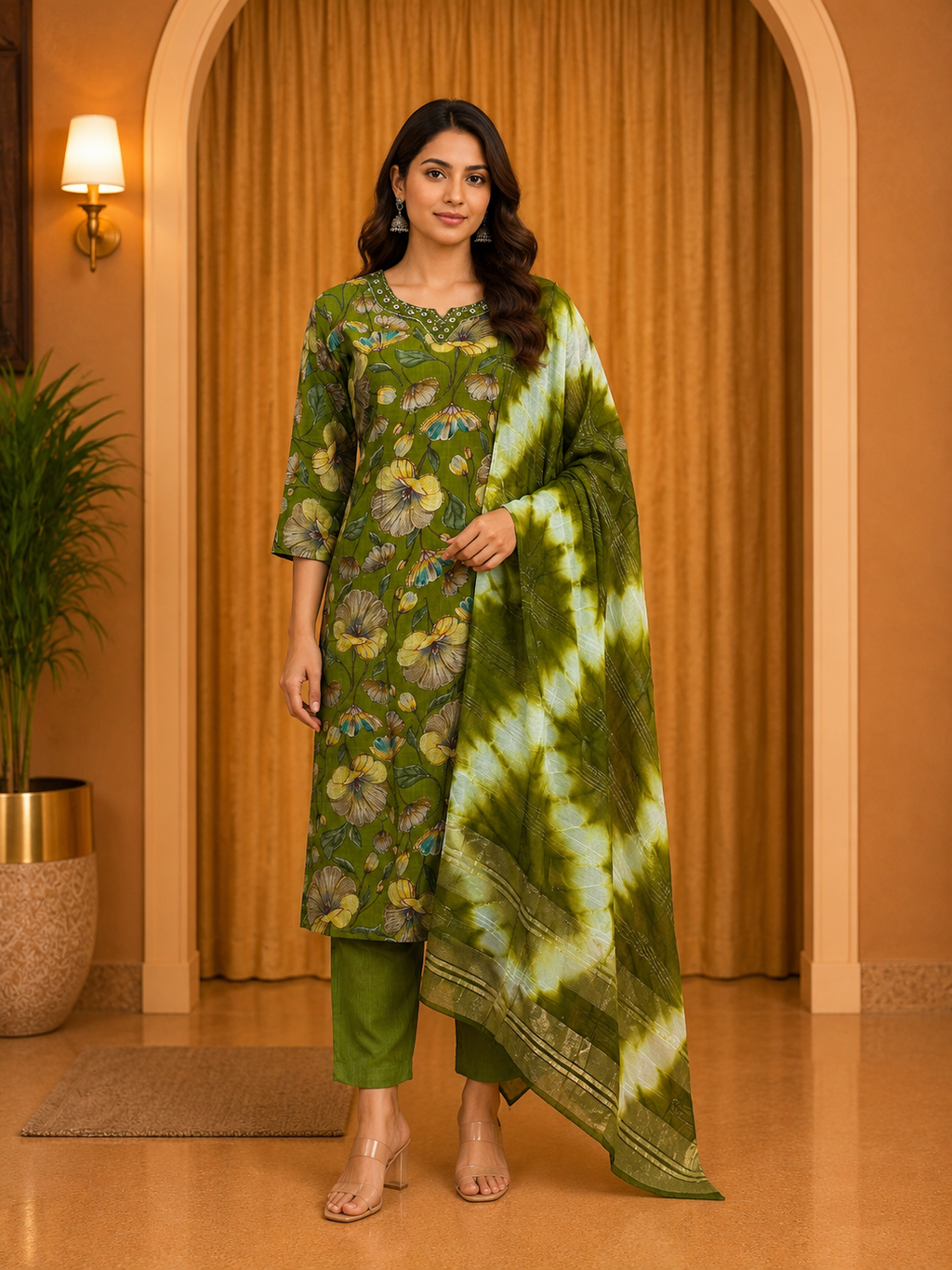 Olive Green Vertican Floral Printed 3-Piece Ethnic Suit Set with Dupatta