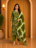 Olive Green Vertican Floral Printed 3-Piece Ethnic Suit Set with Dupatta