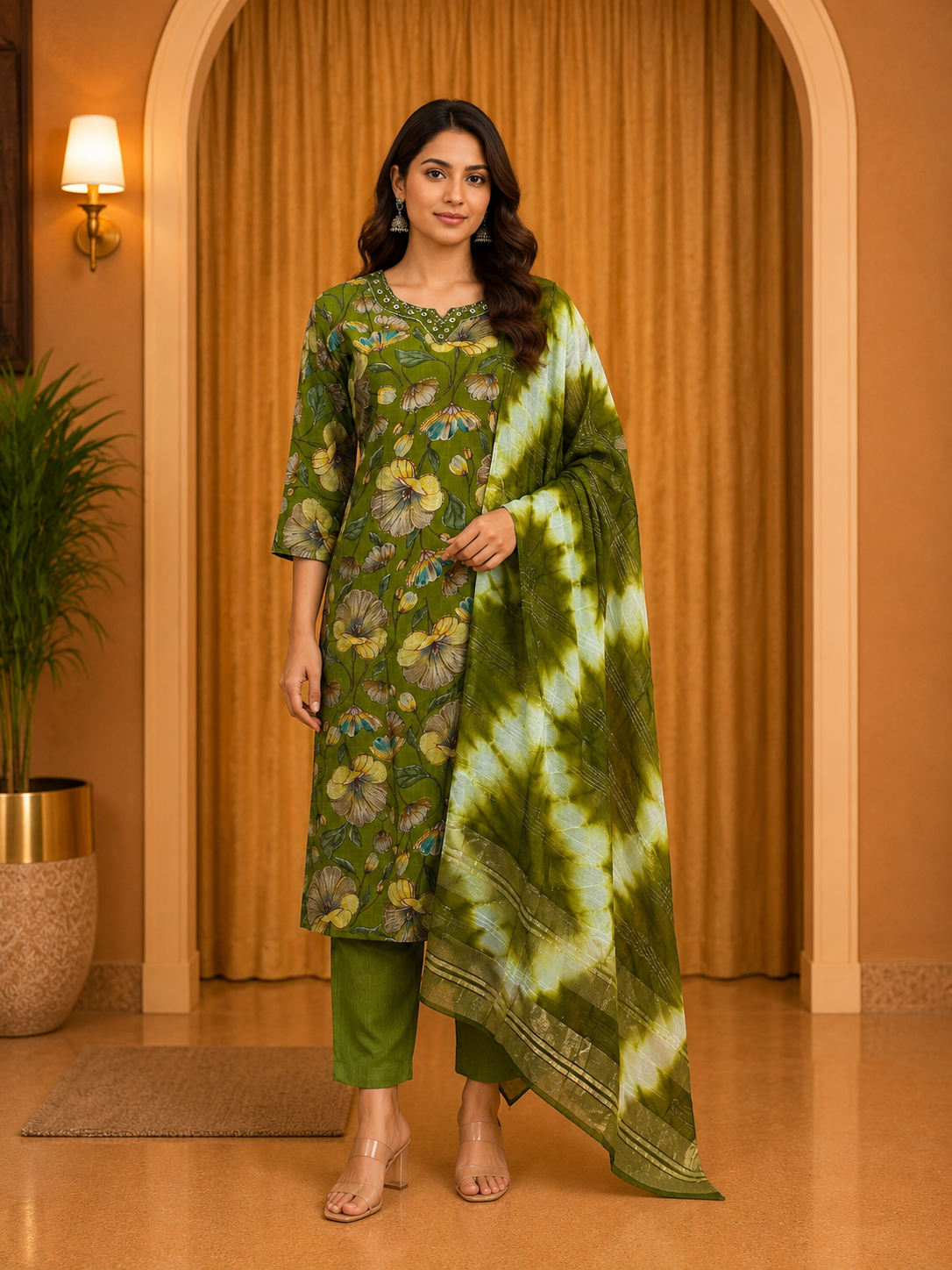 Olive Green Vertican Floral Printed 3-Piece Ethnic Suit Set with Dupatta