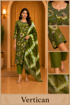 Olive Green Vertican Floral Printed 3-Piece Ethnic Suit Set with Dupatta