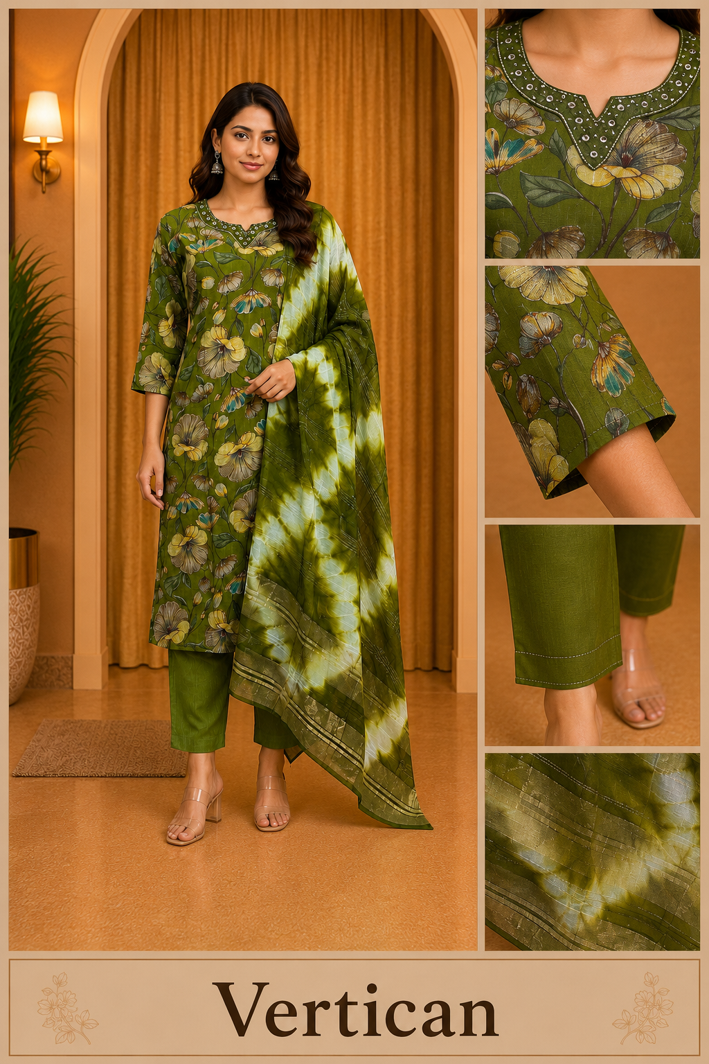 Olive Green Vertican Floral Printed 3-Piece Ethnic Suit Set with Dupatta