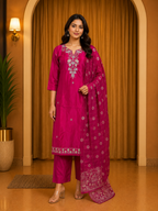 Rani Pink ROMAN SILK Embroidered Straight Kurti Set with Matching Dupatta