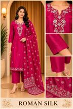 Rani Pink ROMAN SILK Embroidered Straight Kurti Set with Matching Dupatta