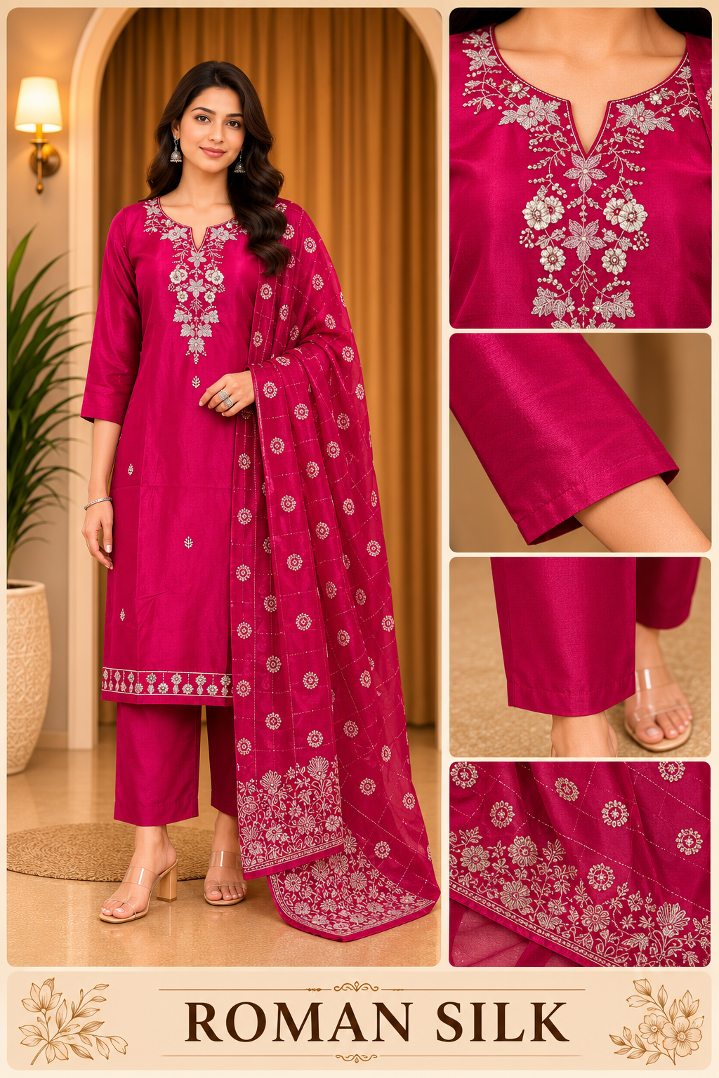 Rani Pink ROMAN SILK Embroidered Straight Kurti Set with Matching Dupatta