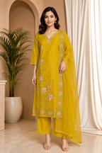 Mustard Yellow ROMAN SILK Embroidered 3-Piece Ethnic Suit Set