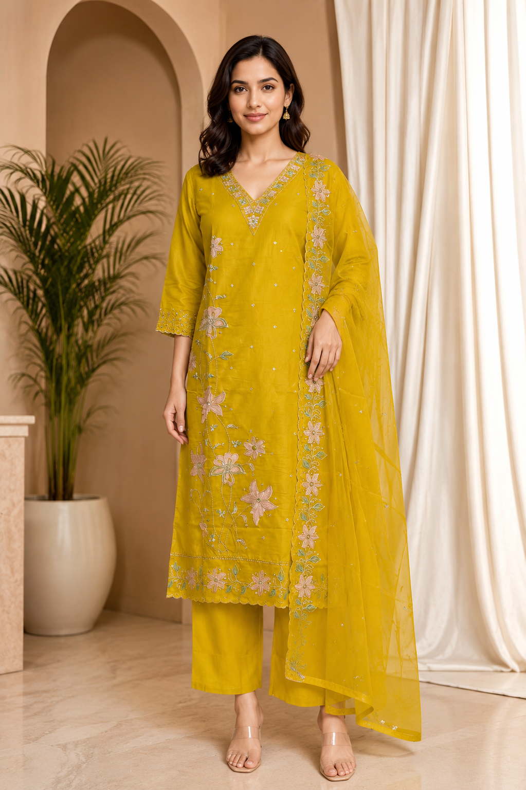 Mustard Yellow ROMAN SILK Embroidered 3-Piece Ethnic Suit Set