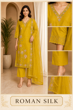 Mustard Yellow ROMAN SILK Embroidered 3-Piece Ethnic Suit Set