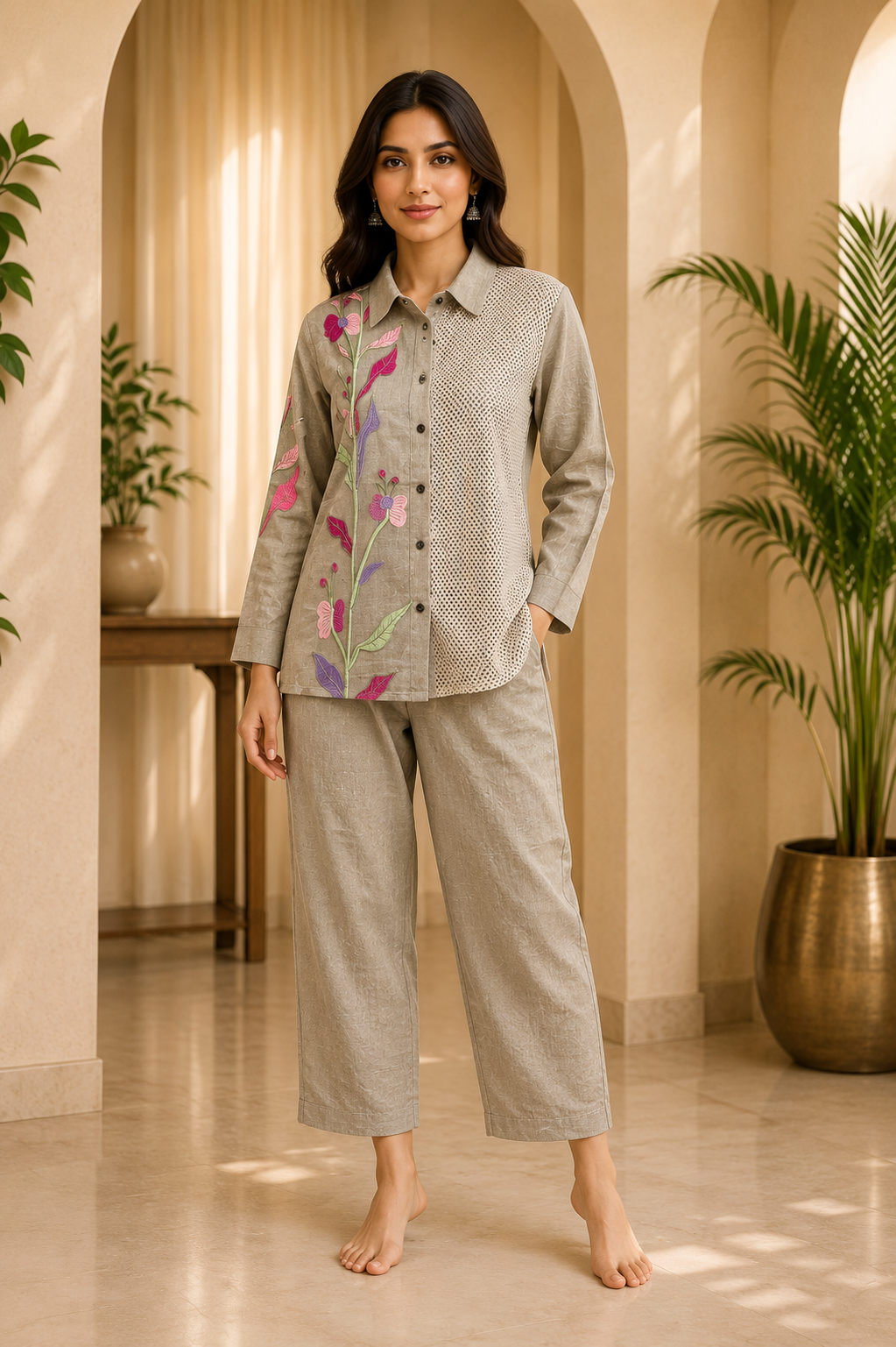 Taupe Cotton Hand Work Embroidered Co-Ord Set for Women