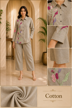 Taupe Cotton Hand Work Embroidered Co-Ord Set for Women