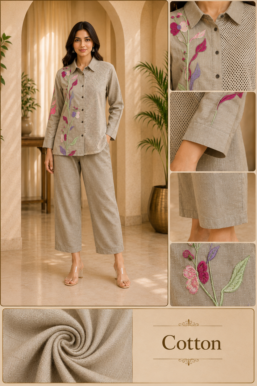 Taupe Cotton Hand Work Embroidered Co-Ord Set for Women