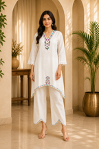 Ivory Cotton Hand Work Embroidered V-Neck Co-Ord Set for Women