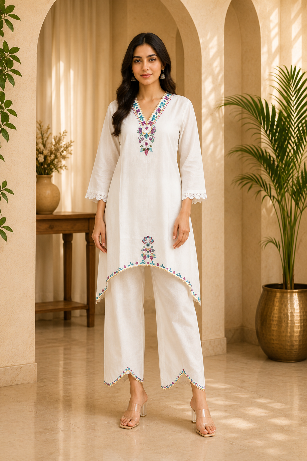 Ivory Cotton Hand Work Embroidered V-Neck Co-Ord Set for Women