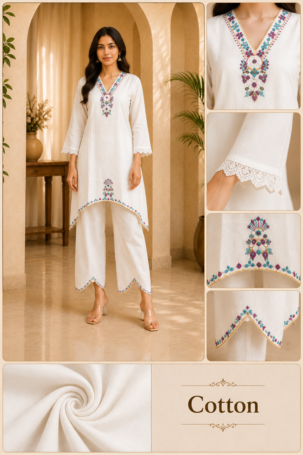 Ivory Cotton Hand Work Embroidered V-Neck Co-Ord Set for Women