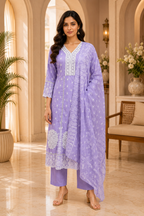 Lavender Cotton 3-Piece Set with Hand Work &amp; Printed Dupatta