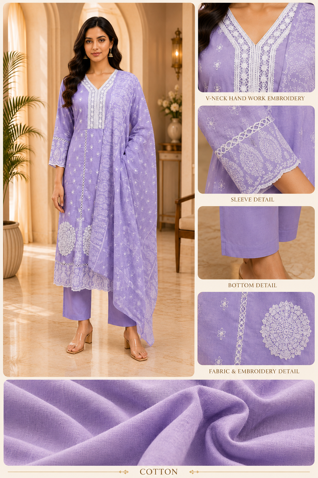 Lavender Cotton 3-Piece Set with Hand Work &amp; Printed Dupatta