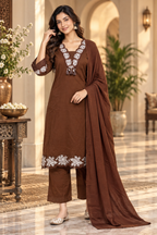 Chocolate Brown Pure Cotton 3-Piece Suit with Floral Embroidered Kurti, Pant & Dupatta