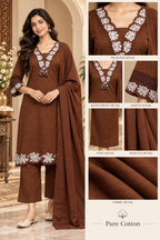 Chocolate Brown Pure Cotton 3-Piece Suit with Floral Embroidered Kurti, Pant & Dupatta