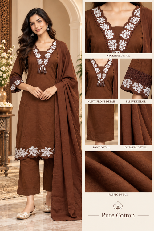 Chocolate Brown Pure Cotton 3-Piece Suit with Floral Embroidered Kurti, Pant & Dupatta