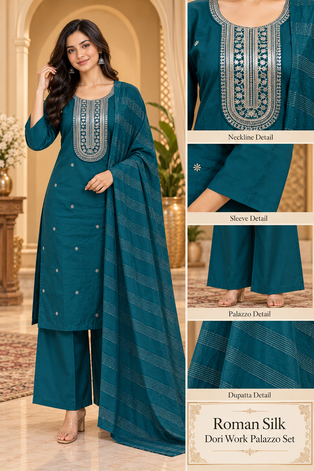 Teal Roman Silk Dori Work Palazzo Set