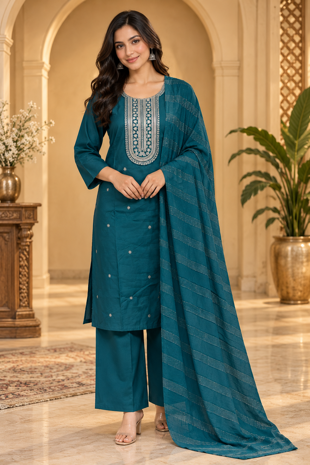 Teal Roman Silk Dori Work Palazzo Set