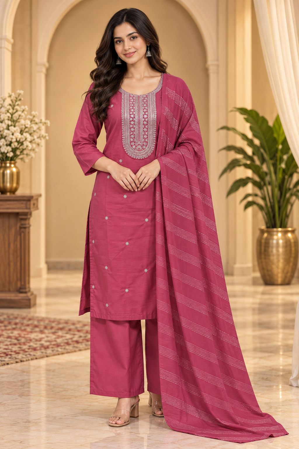 Dusty Rose Pink Roman Silk Dori Work Palazzo Set