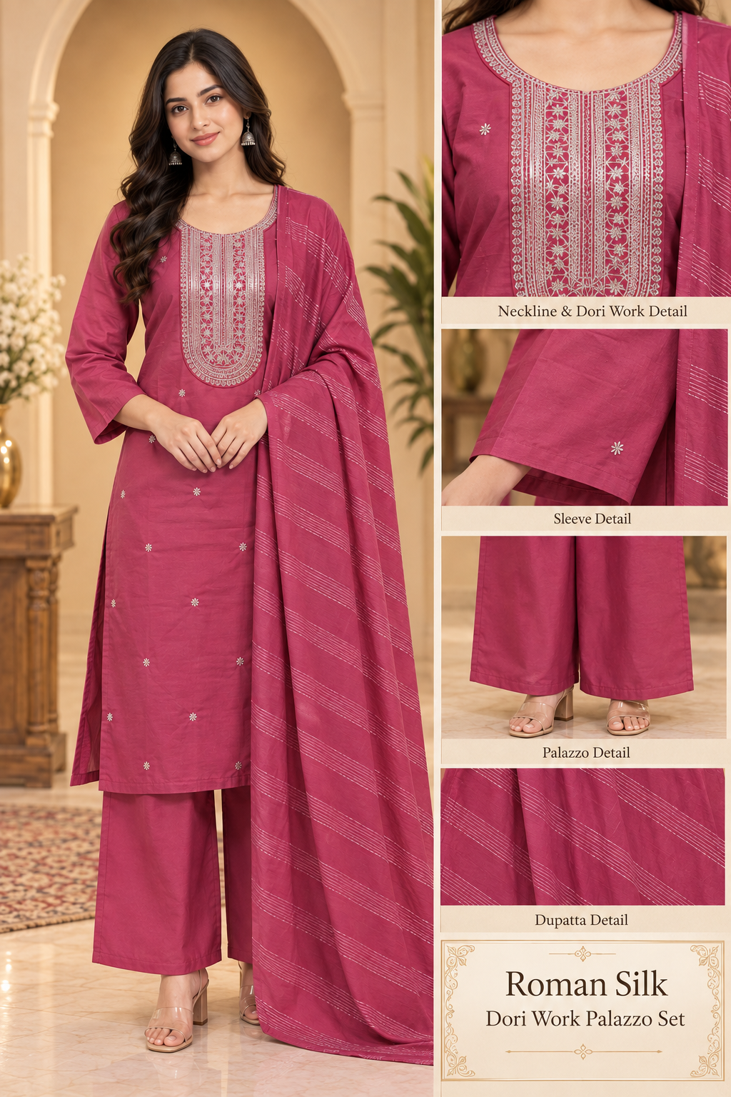 Dusty Rose Pink Roman Silk Dori Work Palazzo Set