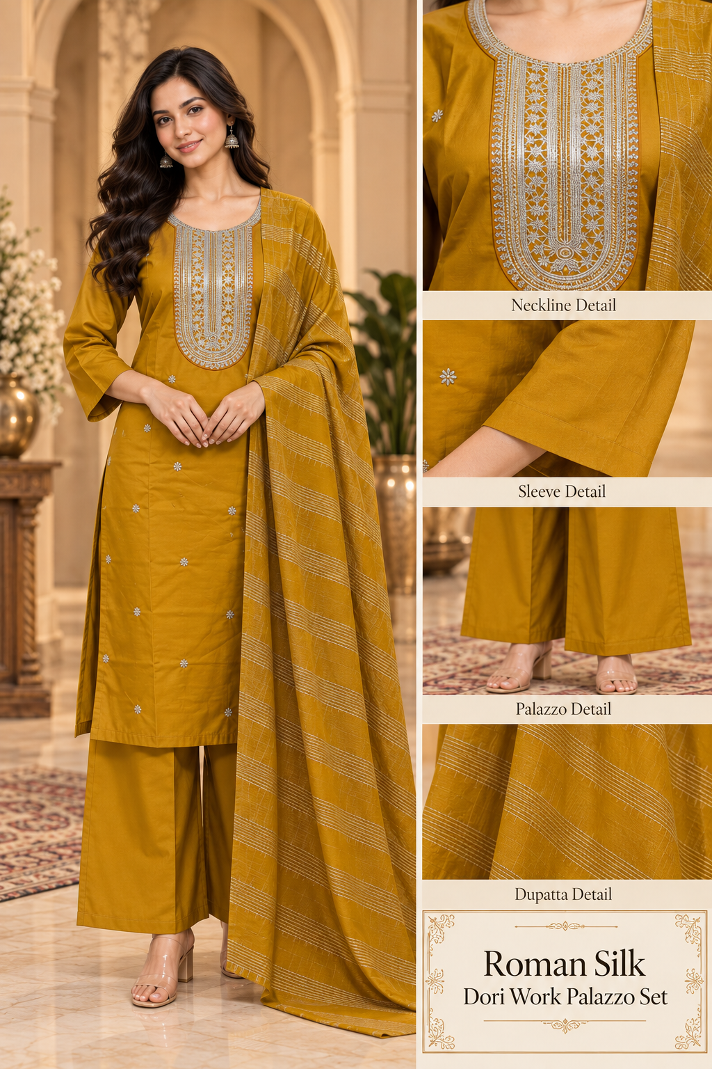 Mustard Yellow Roman Silk Dori Work Palazzo Set