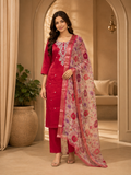 Red Roman Silk Embroidered 3-Piece Ethnic Suit