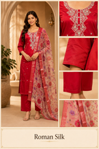 Red Roman Silk Embroidered 3-Piece Ethnic Suit
