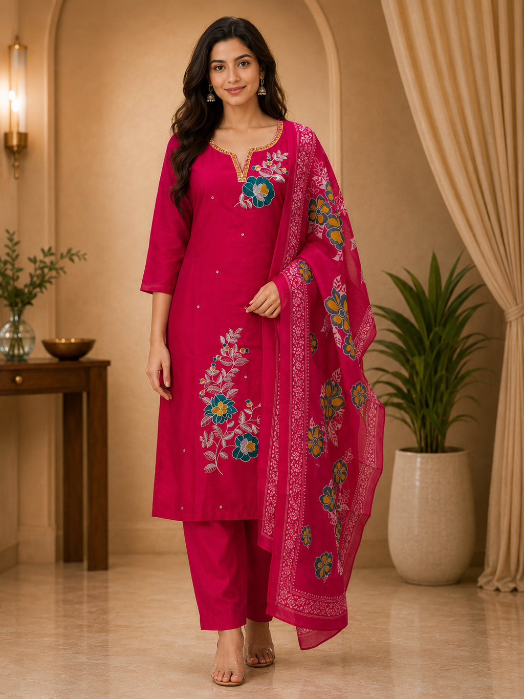 Rani Pink ROMAN SILK Embroidered 3-Piece Ethnic Suit Set