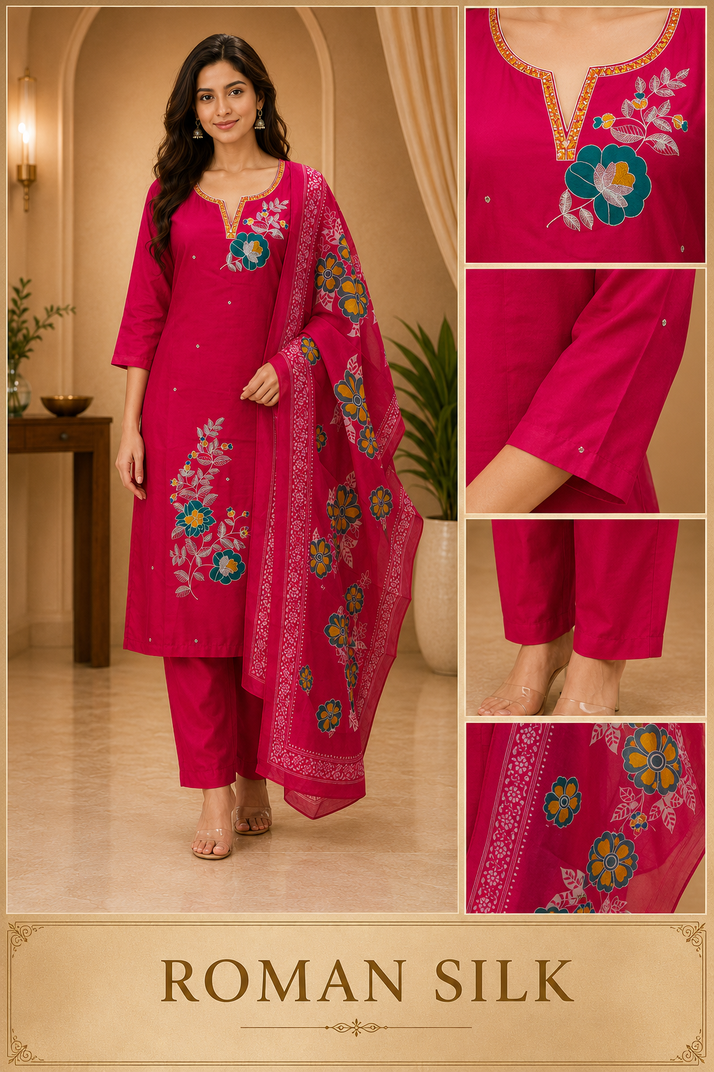 Rani Pink ROMAN SILK Embroidered 3-Piece Ethnic Suit Set