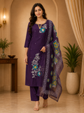Deep Purple ROMAN SILK Embroidered 3-Piece Ethnic Suit Set
