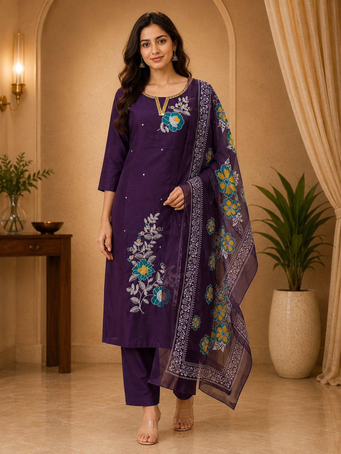 Deep Purple ROMAN SILK Embroidered 3-Piece Ethnic Suit Set