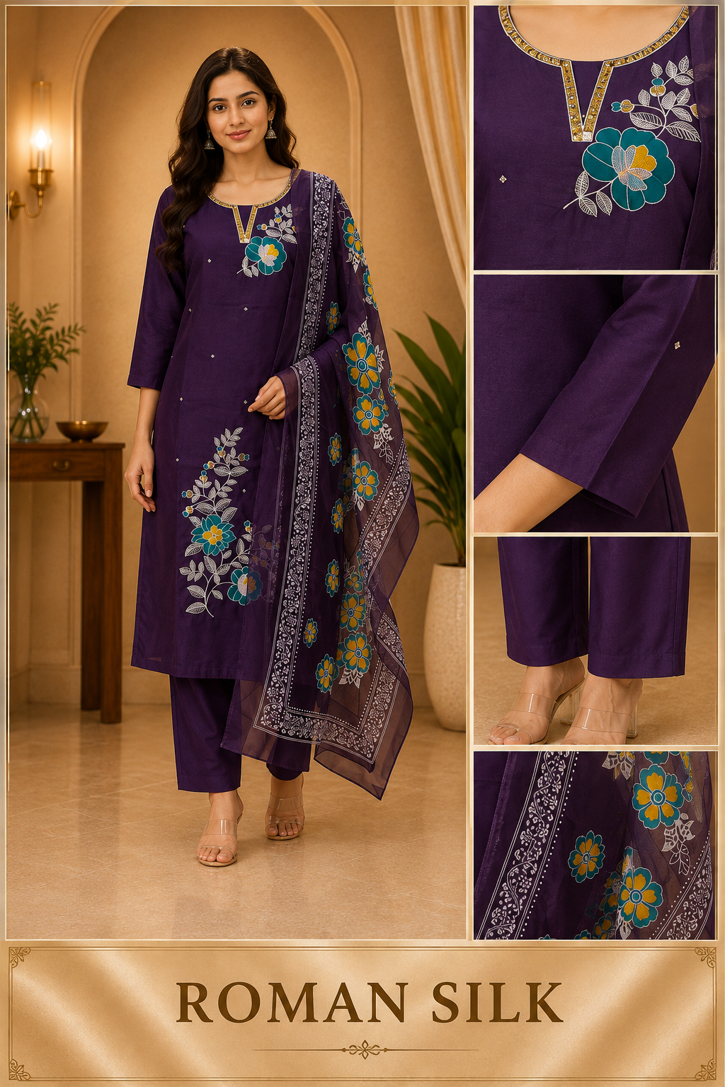 Deep Purple ROMAN SILK Embroidered 3-Piece Ethnic Suit Set