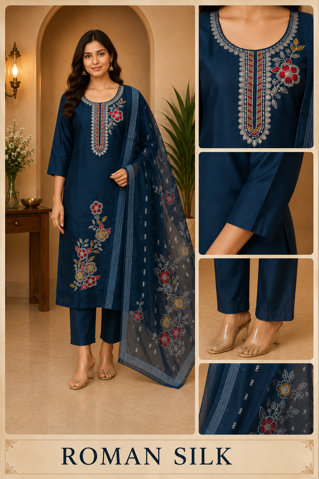 Navy Blue ROMAN SILK Embroidered 3-Piece Ethnic Suit Set