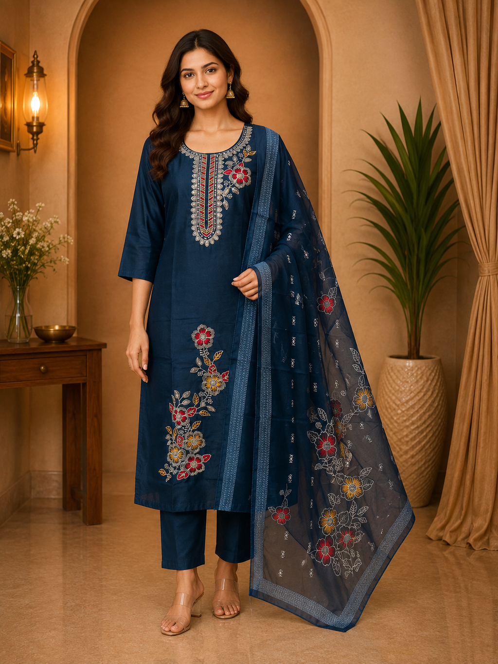 Navy Blue ROMAN SILK Embroidered 3-Piece Ethnic Suit Set