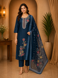 Navy Blue ROMAN SILK Embroidered 3-Piece Ethnic Suit Set
