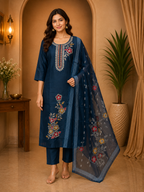 Navy Blue ROMAN SILK Embroidered 3-Piece Ethnic Suit Set