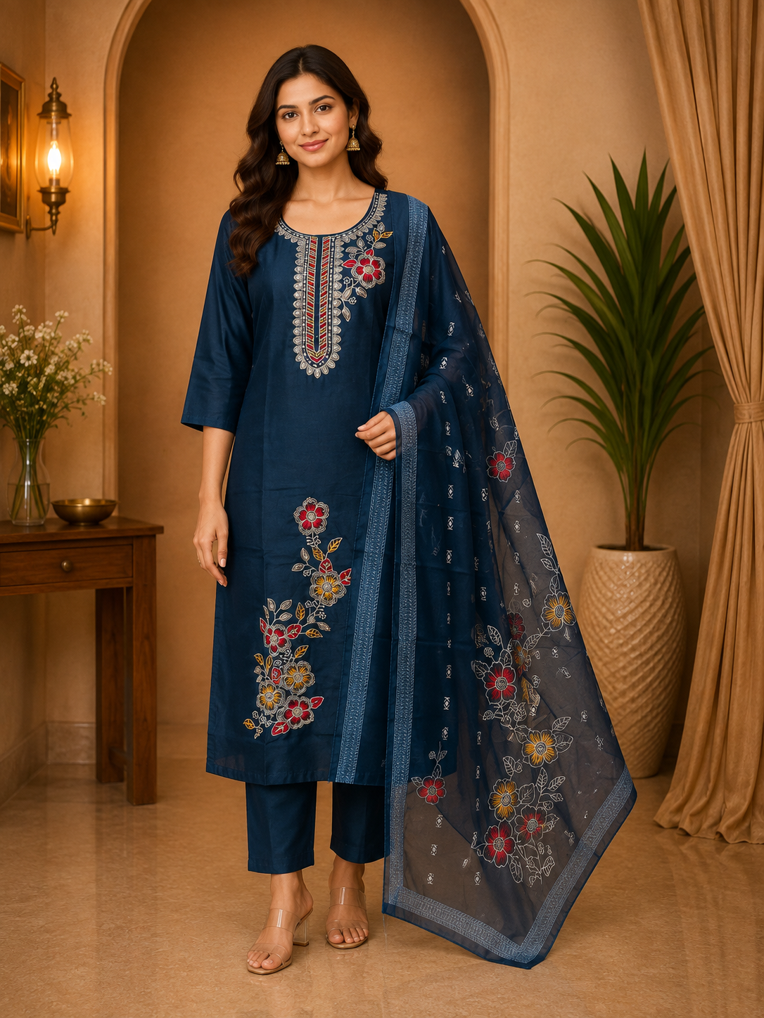 Navy Blue ROMAN SILK Embroidered 3-Piece Ethnic Suit Set