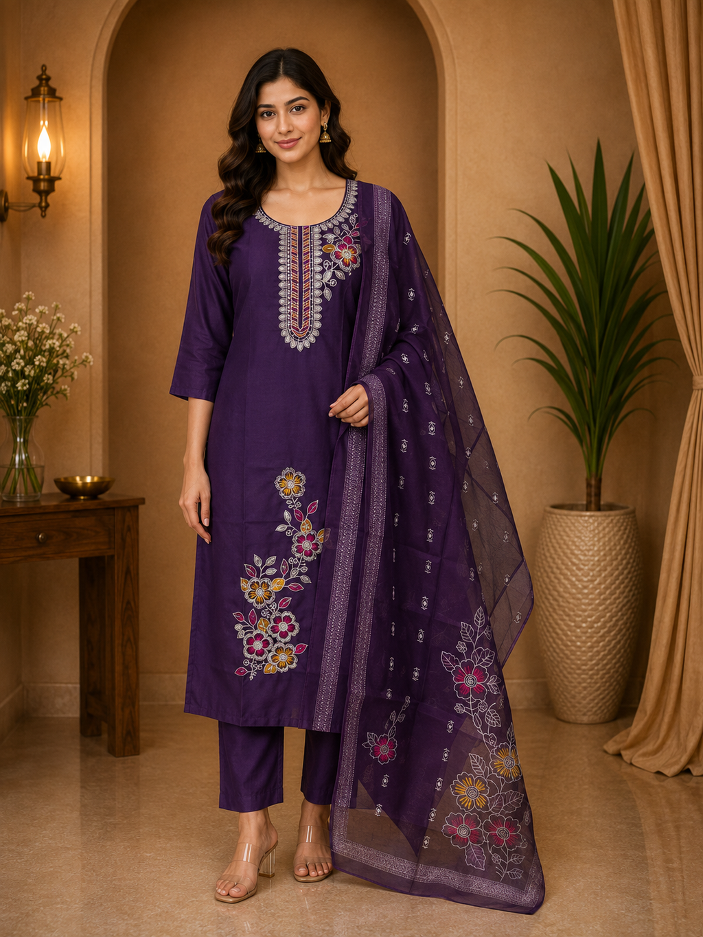Purple ROMAN SILK Embroidered 3-Piece Ethnic Suit Set