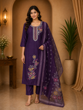 Purple ROMAN SILK Embroidered 3-Piece Ethnic Suit Set