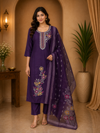 Purple ROMAN SILK Embroidered 3-Piece Ethnic Suit Set