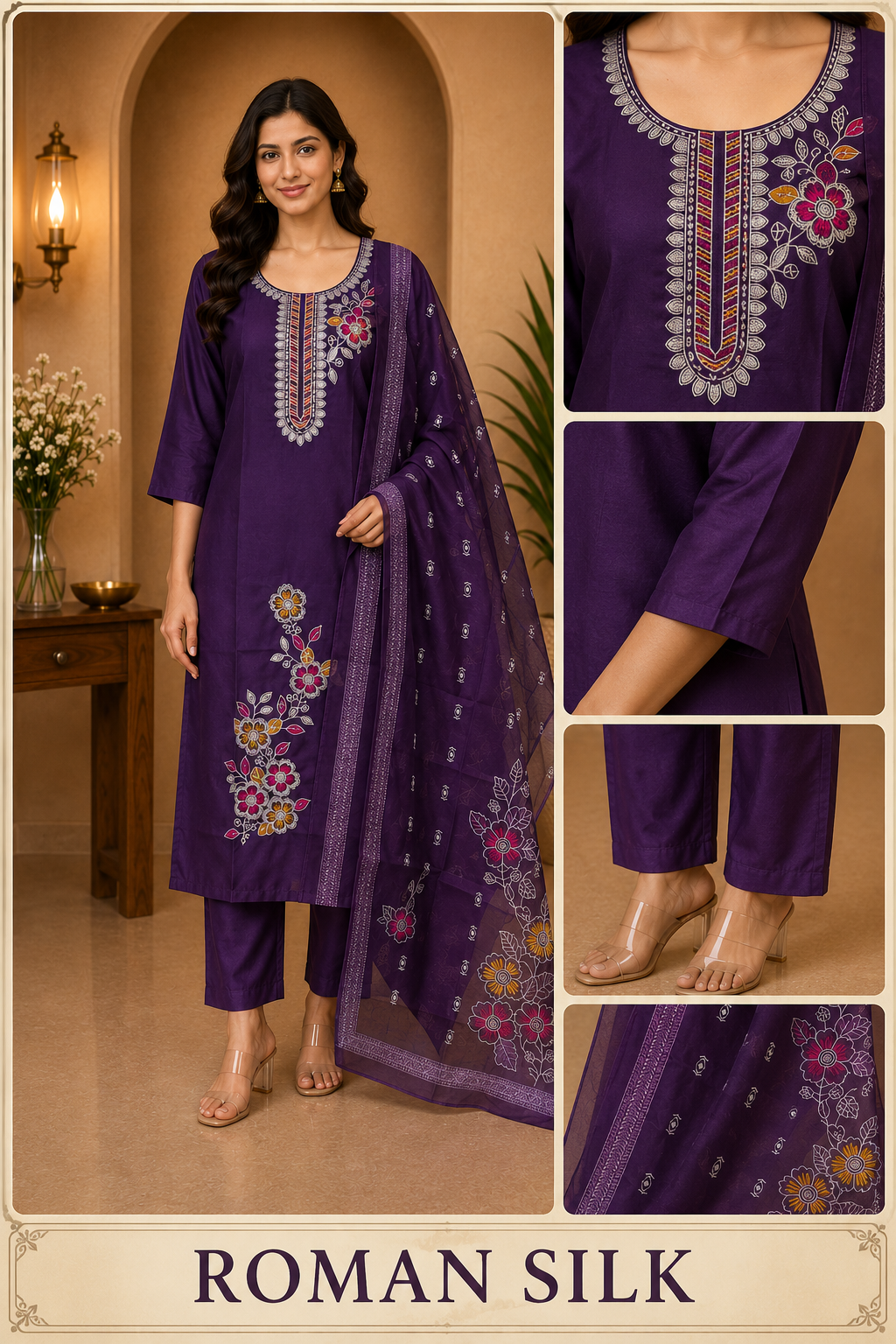 Purple ROMAN SILK Embroidered 3-Piece Ethnic Suit Set